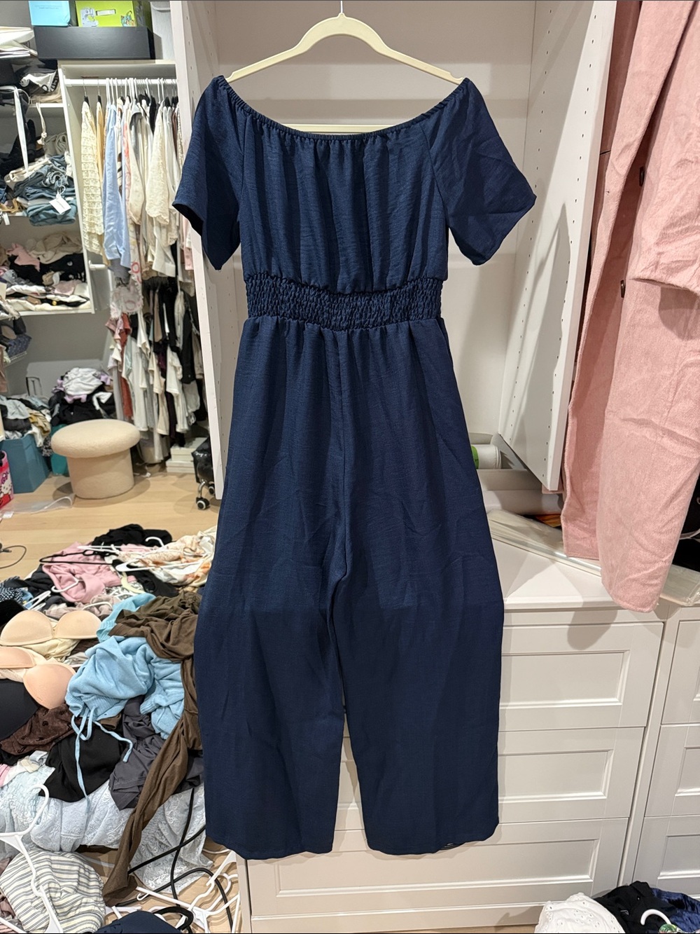 Women’s Navy Off-Shoulder Smocked Waist Jumpsuit